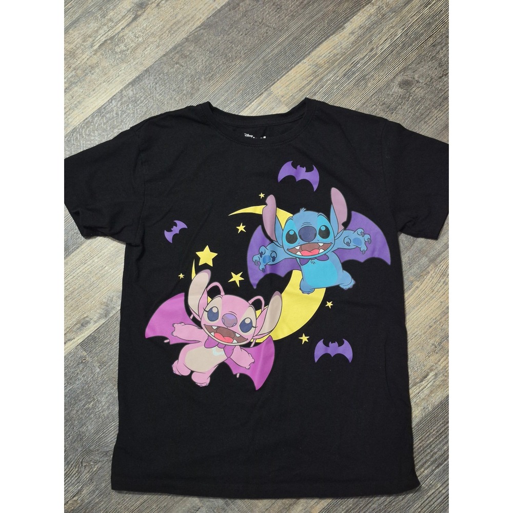 Disney Lilo & Stitch Angel Halloween Bat Graphic T-Shirt Black Kids Size L 10-12